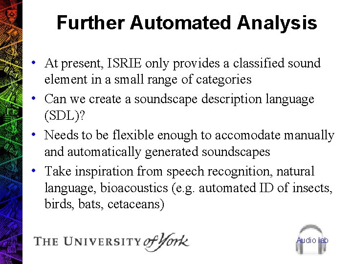 Further Automated Analysis • At present, ISRIE only provides a classified sound element in