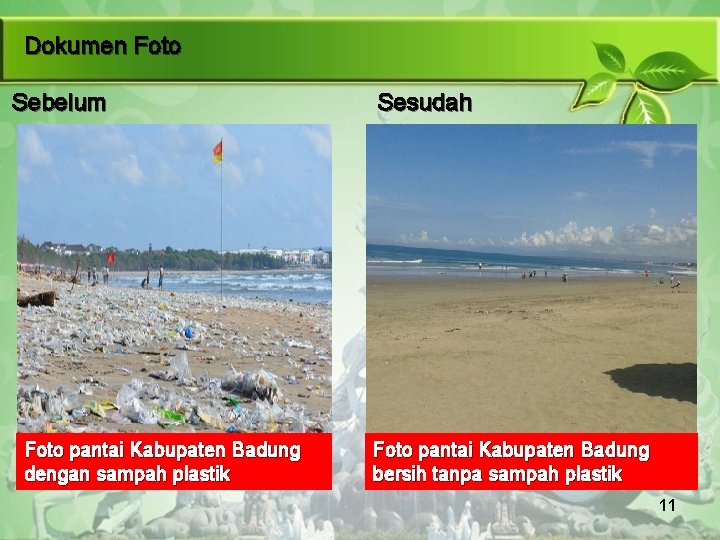 Dokumen Foto Sebelum Foto pantai Kabupaten Badung dengan sampah plastik Sesudah Foto pantai Kabupaten