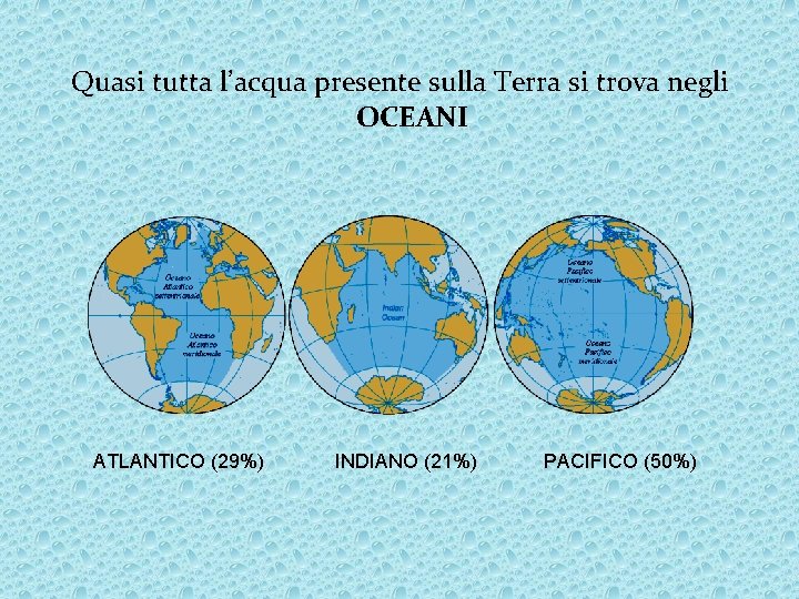 Quasi tutta l’acqua presente sulla Terra si trova negli OCEANI ATLANTICO (29%) INDIANO (21%)