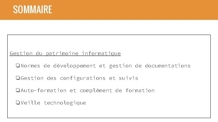 SOMMAIRE Gestion du patrimoine informatique ❏Normes de développement et gestion de documentations ❏Gestion des