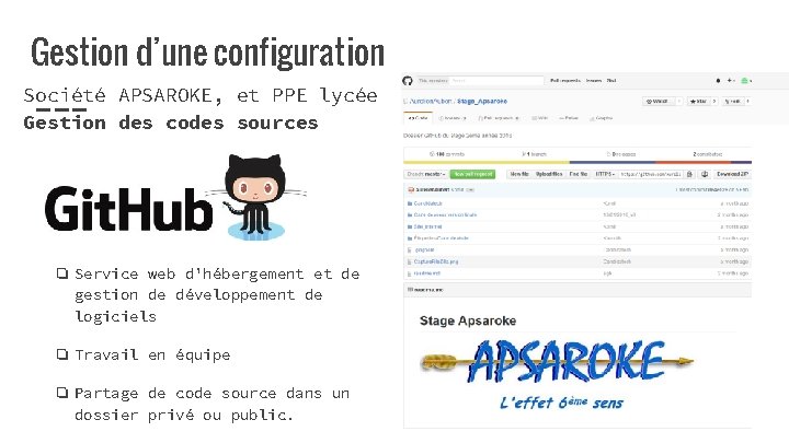 Gestion d’une configuration Société APSAROKE, et PPE lycée Gestion des codes sources ❏ Service