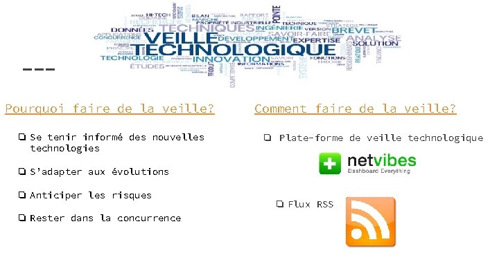 Pourquoi faire de la veille? ❏ Se tenir informé des nouvelles technologies Comment faire