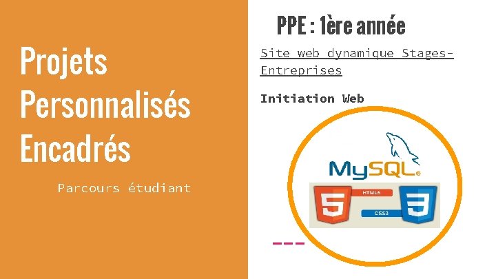 Projets Personnalisés Encadrés Parcours étudiant PPE : 1ère année Site web dynamique Stages. Entreprises