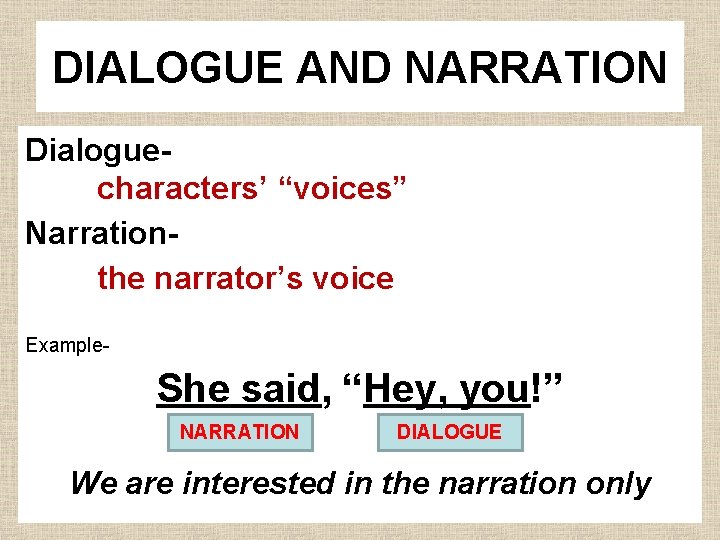 DIALOGUE AND NARRATION Dialoguecharacters’ “voices” Narrationthe narrator’s voice Example- She said, “Hey, you!” NARRATION