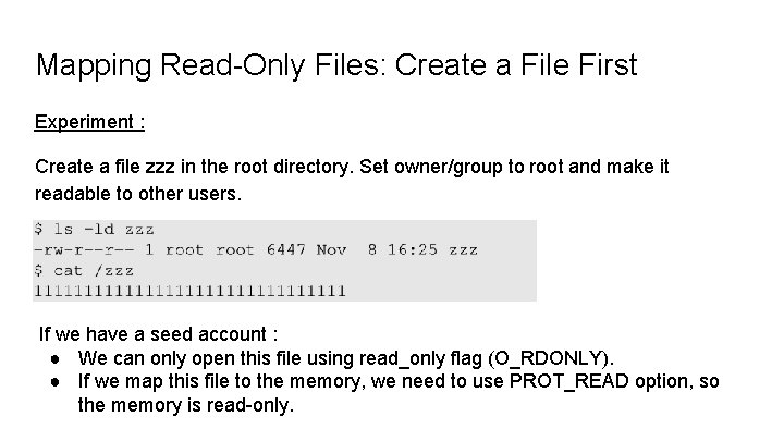 Mapping Read-Only Files: Create a File First Experiment : Create a file zzz in