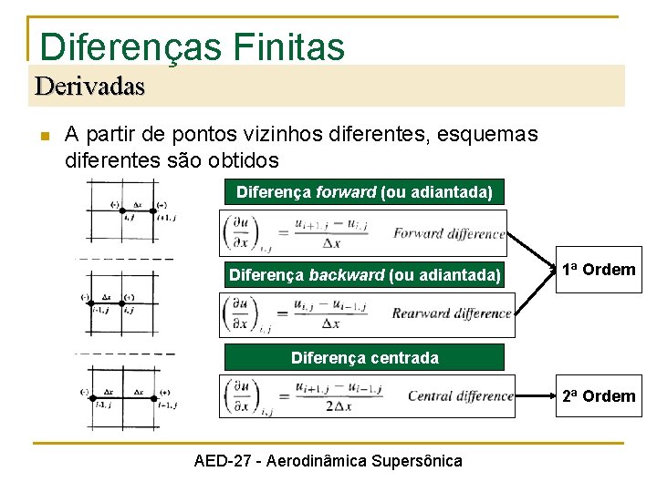 Diferenças Finitas Derivadas n A partir de pontos vizinhos diferentes, esquemas diferentes são obtidos