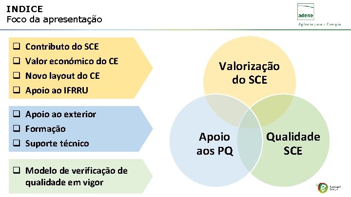 INDICE Foco da apresentação q q Contributo do SCE Valor económico do CE Novo