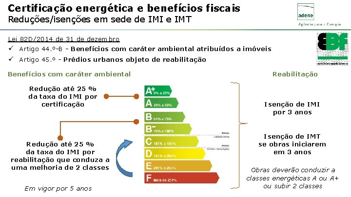 Certificação energética e benefícios fiscais Reduções/isenções em sede de IMI e IMT Lei 82