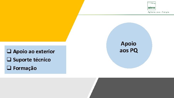q Apoio ao exterior q Suporte técnico q Formação Apoio aos PQ 