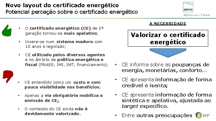 Novo layout do certificado energético Potencial perceção sobre o certificado energético A NECESSIDADE •