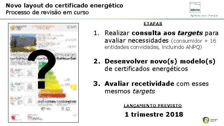Novo layout do certificado energético Processo de revisão em curso ETAPAS ? 1. Realizar