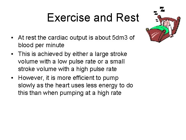 Exercise and Rest • At rest the cardiac output is about 5 dm 3