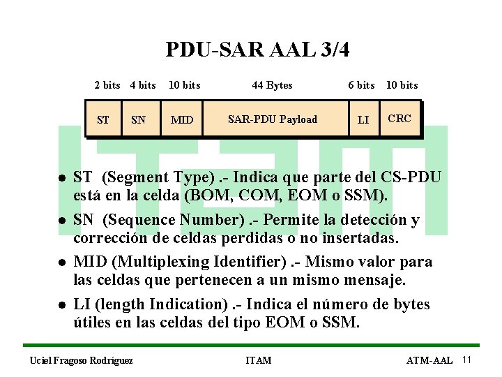 PDU-SAR AAL 3/4 l l 2 bits 4 bits 10 bits 44 Bytes 6