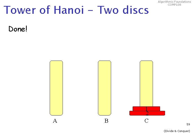 Tower of Hanoi - Two discs Algorithmic Foundations COMP 108 Done! A B 1