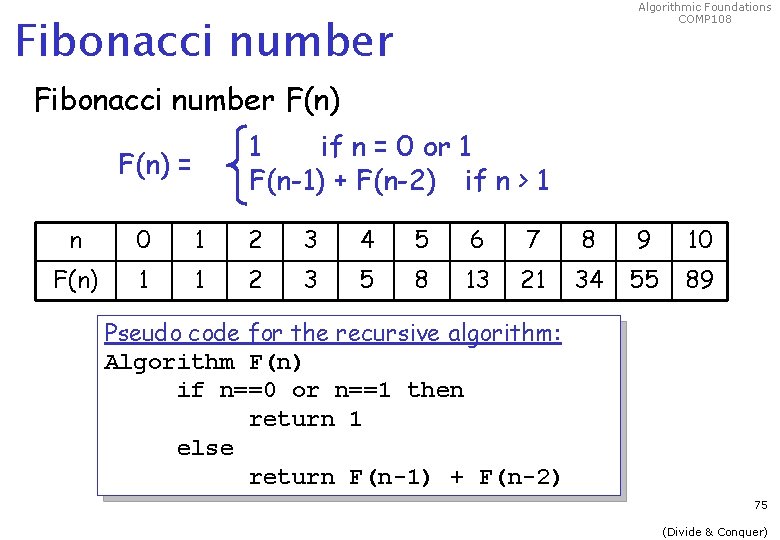 Algorithmic Foundations COMP 108 Fibonacci number F(n) 1 if n = 0 or 1