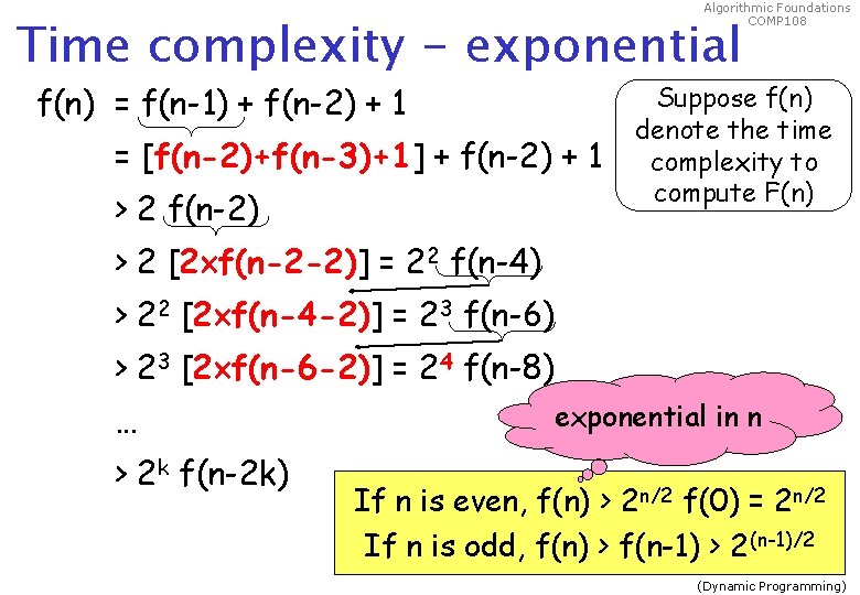 Algorithmic Foundations COMP 108 Time complexity - exponential f(n) = f(n-1) + f(n-2) +