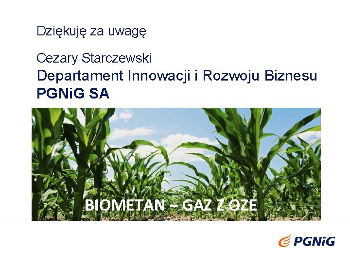 Dziękuję za uwagę Cezary Starczewski Departament Innowacji i Rozwoju Biznesu PGNi. G SA BIOMETAN