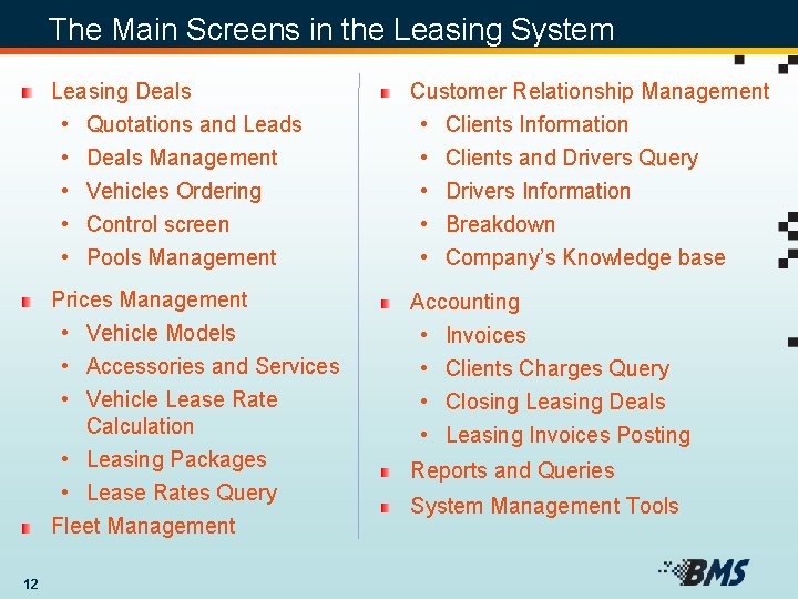 The Main Screens in the Leasing System Leasing Deals • Quotations and Leads •