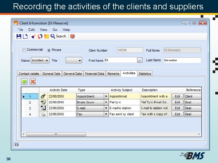 Recording the activities of the clients and suppliers 38 