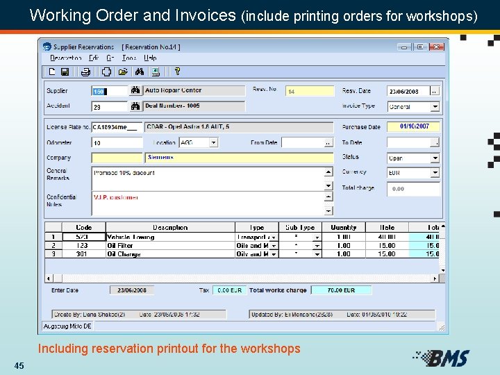 Working Order and Invoices (include printing orders for workshops) Including reservation printout for the