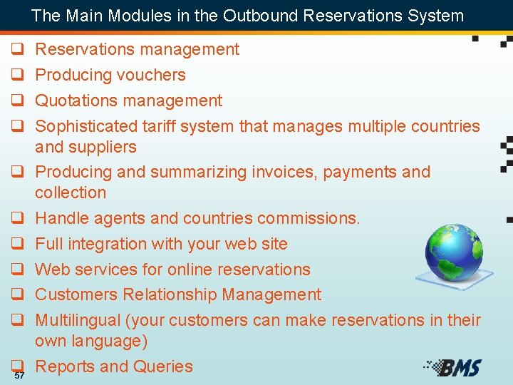 The Main Modules in the Outbound Reservations System q q q 57 Reservations management