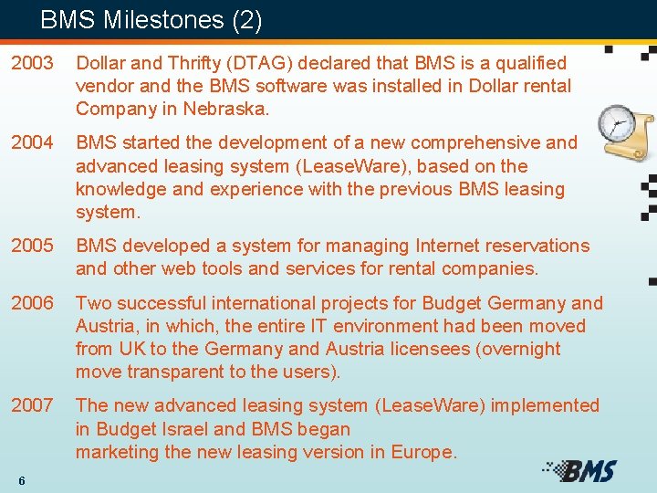 BMS Milestones (2) 2003 Dollar and Thrifty (DTAG) declared that BMS is a qualified