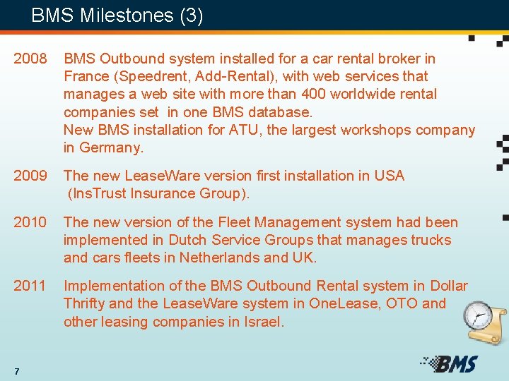 BMS Milestones (3) 2008 BMS Outbound system installed for a car rental broker in