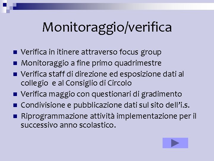 Monitoraggio/verifica n n n Verifica in itinere attraverso focus group Monitoraggio a fine primo Monitoraggio/verifica n n n Verifica in itinere attraverso focus group Monitoraggio a fine primo