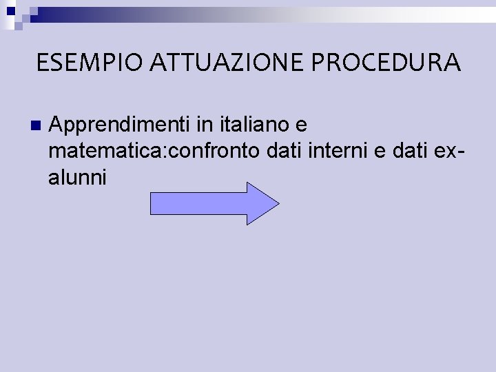 ESEMPIO ATTUAZIONE PROCEDURA n Apprendimenti in italiano e matematica: confronto dati interni e dati ESEMPIO ATTUAZIONE PROCEDURA n Apprendimenti in italiano e matematica: confronto dati interni e dati