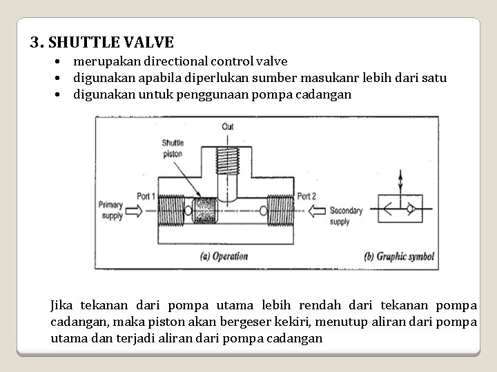 3. SHUTTLE VALVE • merupakan directional control valve • digunakan apabila diperlukan sumber masukanr 3. SHUTTLE VALVE • merupakan directional control valve • digunakan apabila diperlukan sumber masukanr