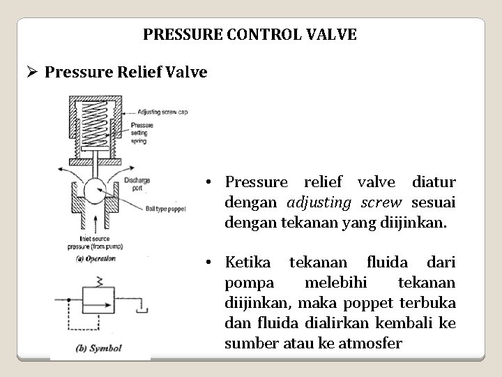 PRESSURE CONTROL VALVE Ø Pressure Relief Valve • Pressure relief valve diatur dengan adjusting PRESSURE CONTROL VALVE Ø Pressure Relief Valve • Pressure relief valve diatur dengan adjusting