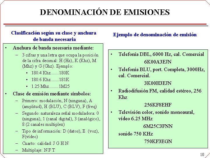 DENOMINACIÓN DE EMISIONES Clasificación según su clase y anchura de banda necesaria • Anchura DENOMINACIÓN DE EMISIONES Clasificación según su clase y anchura de banda necesaria • Anchura
