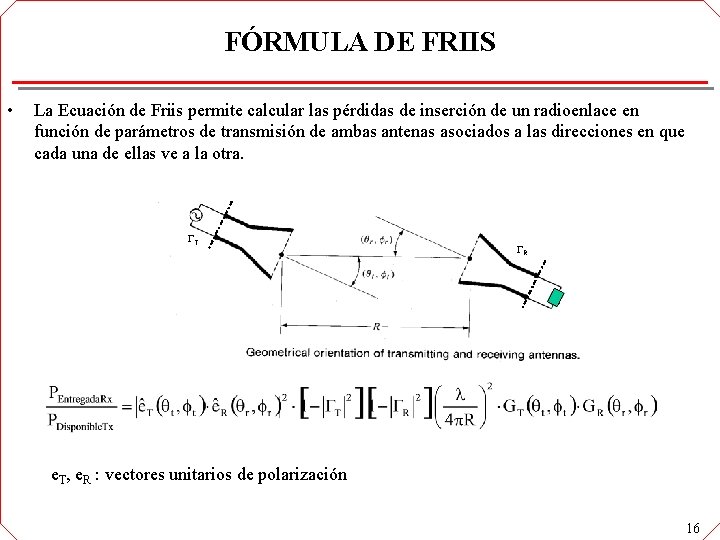 FÓRMULA DE FRIIS • La Ecuación de Friis permite calcular las pérdidas de inserción FÓRMULA DE FRIIS • La Ecuación de Friis permite calcular las pérdidas de inserción