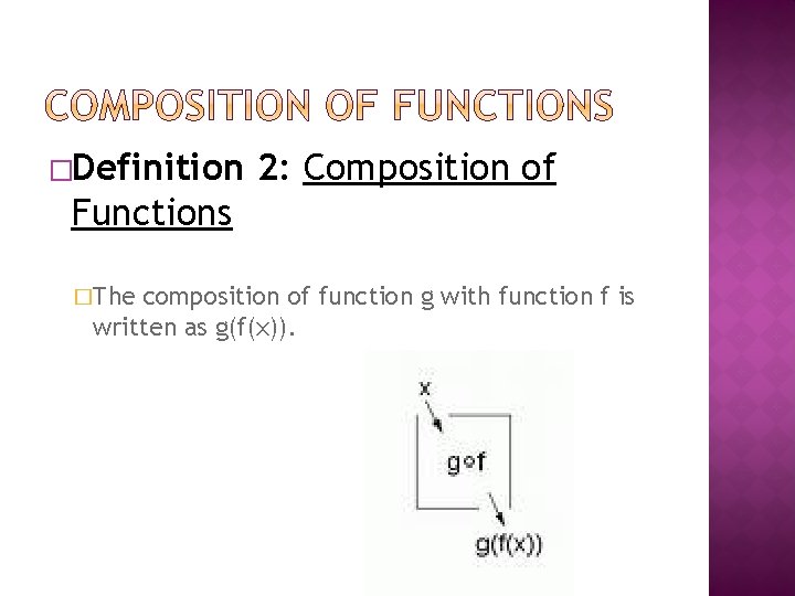 �Definition 2: Composition of Functions �The composition of function g with function f is