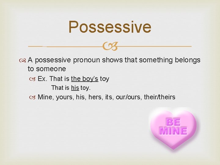 Possessive A possessive pronoun shows that something belongs to someone Ex. That is the