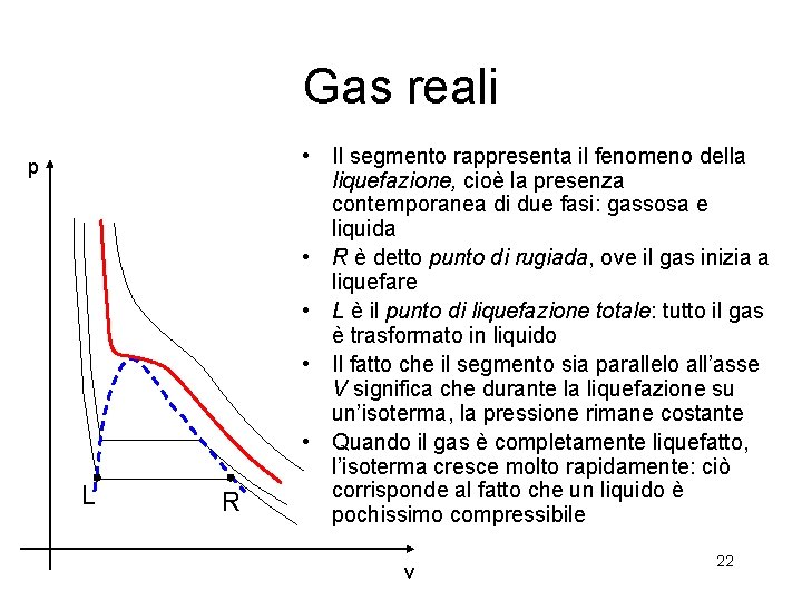 Gas reali p L R • Il segmento rappresenta il fenomeno della liquefazione, cioè