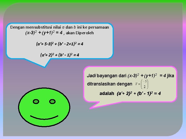 Dengan mensubstitusi nilai a dan b ini ke persamaan (x-3)2 + (y+1)2 = 4