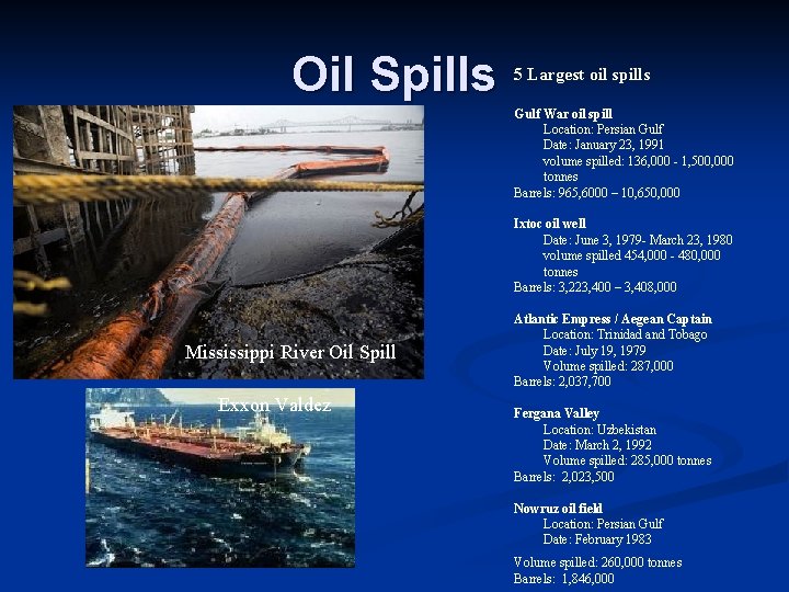 Oil Spills 5 Largest oil spills Gulf War oil spill Location: Persian Gulf Date: