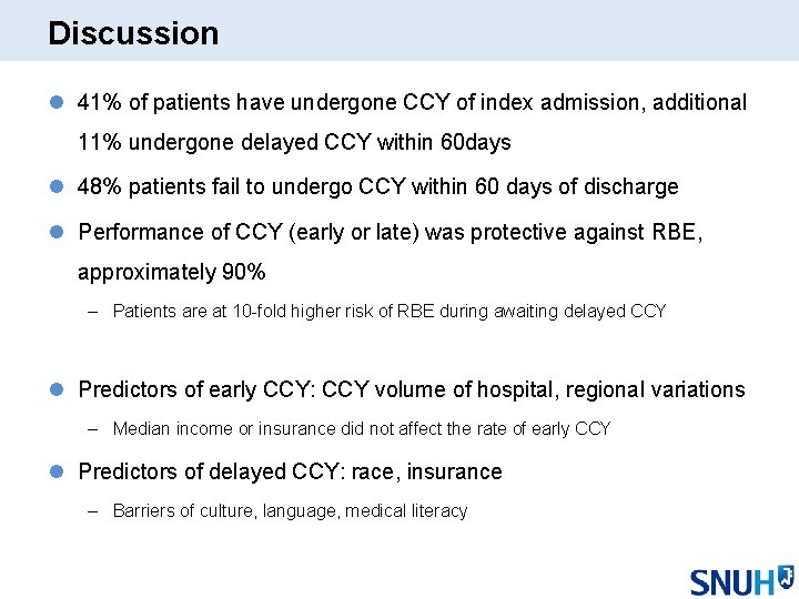 Discussion l 41% of patients have undergone CCY of index admission, additional 11% undergone