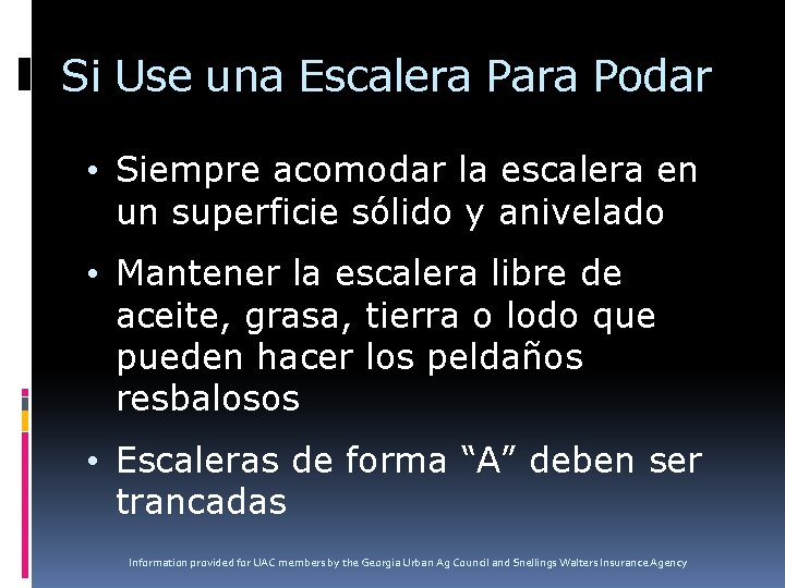 Si Use una Escalera Para Podar • Siempre acomodar la escalera en un superficie