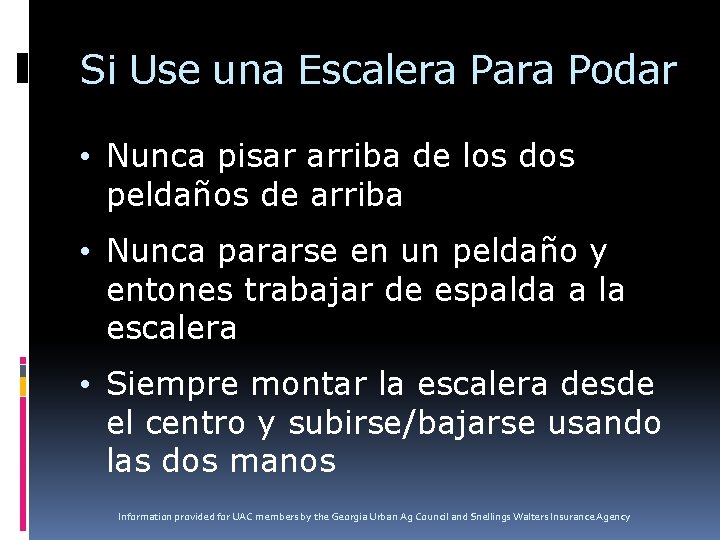 Si Use una Escalera Para Podar • Nunca pisar arriba de los dos peldaños