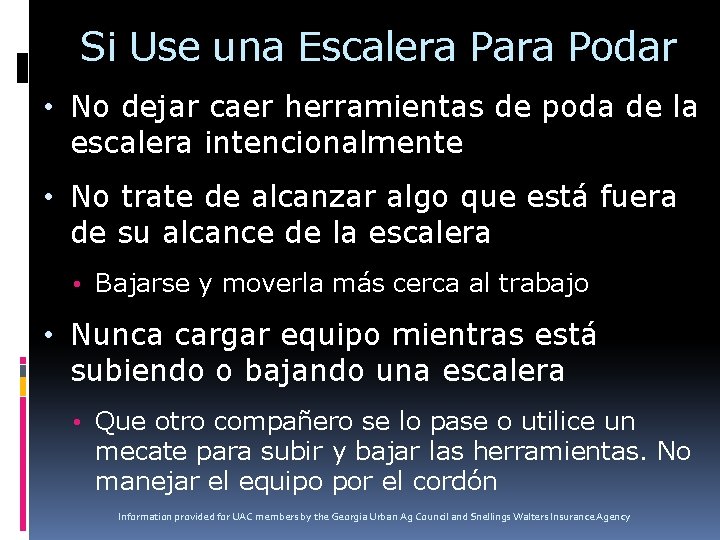 Si Use una Escalera Para Podar • No dejar caer herramientas de poda de