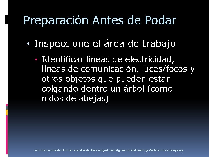 Preparación Antes de Podar • Inspeccione el área de trabajo • Identificar líneas de