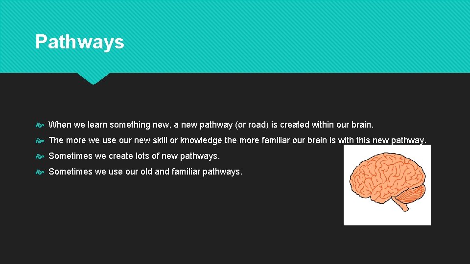 Pathways When we learn something new, a new pathway (or road) is created within