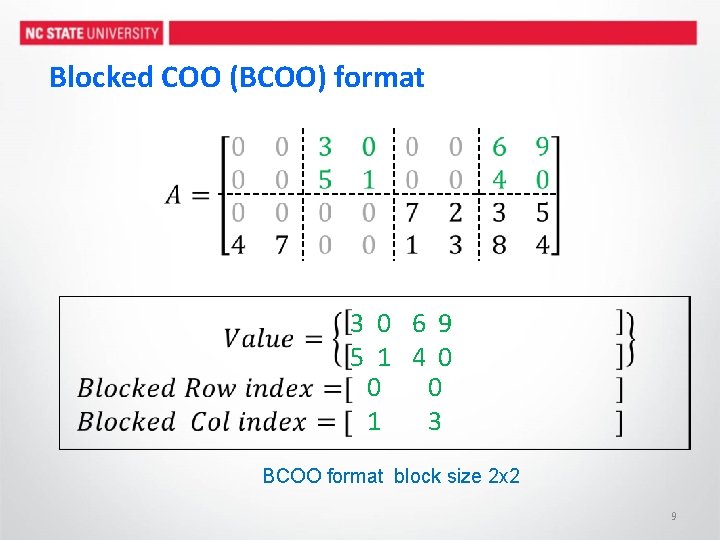 Blocked COO (BCOO) format 3 0 6 9 5 1 4 0 0 0