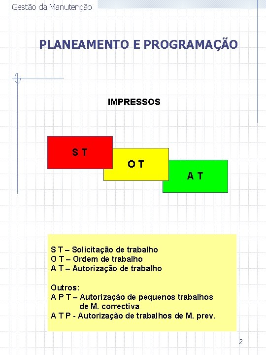 Gestão da Manutenção PLANEAMENTO E PROGRAMAÇÃO IMPRESSOS ST OT AT S T – Solicitação