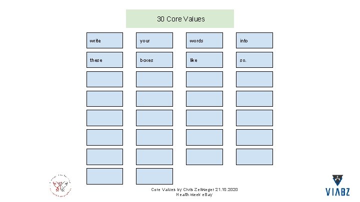 30 Core Values write your words into these boxes like so. Core Values by