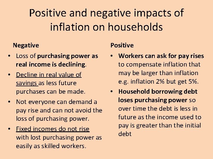 Positive and negative impacts of inflation on households • • Negative Loss of purchasing Positive and negative impacts of inflation on households • • Negative Loss of purchasing