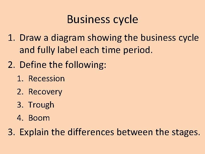 Business cycle 1. Draw a diagram showing the business cycle and fully label each Business cycle 1. Draw a diagram showing the business cycle and fully label each
