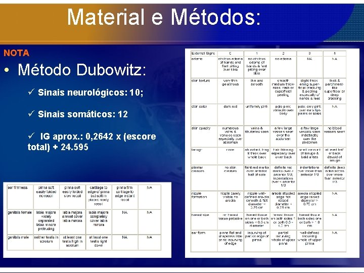 Material e Métodos: NOTA • Método Dubowitz: ü Sinais neurológicos: 10; ü Sinais somáticos: